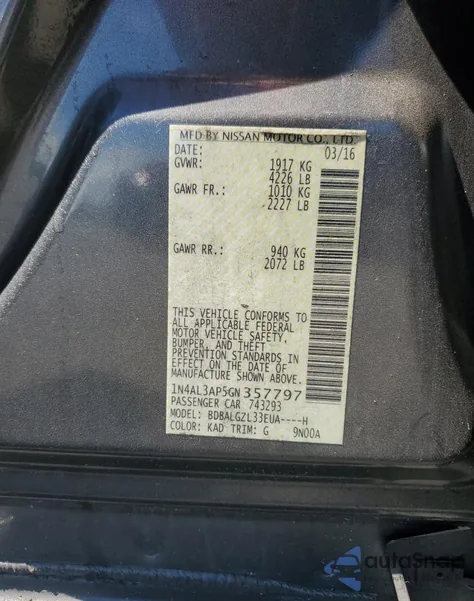 2016 Nissan Altima 2.5 from USA, damaged, VIN 1N4AL3AP5GN357797